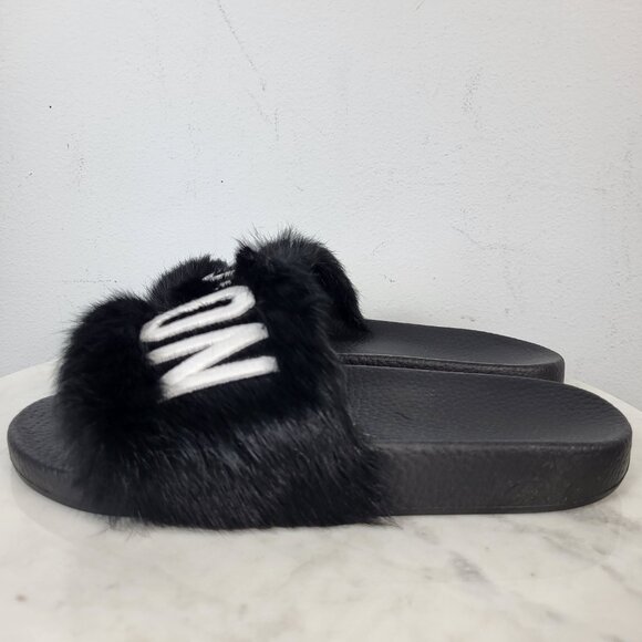 NWB~$825~DSQUARED2~7.5/8~ICON BLACK WHITE GENUINE  RABBIT FUR SANDALS SLIDES - Picture 9 of 16